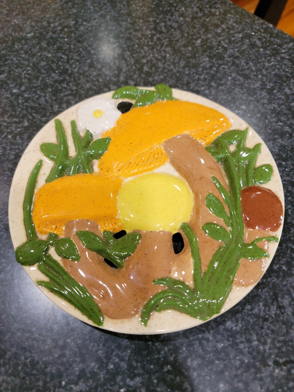 Vintage 1970s Arnels pottery mushroom trivet.  Note Chips On The Back.